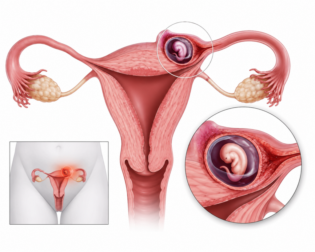 Medical illustration of cornual pregnancy showing ectopic embryo implantation in the uterine horn with symptoms, diagnosis, and treatment concept