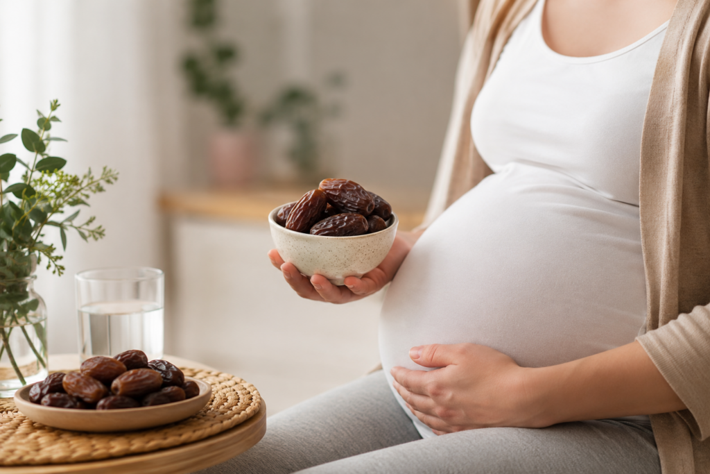 Dates during pregnancy for healthy maternal nutrition, featuring a pregnant woman holding a bowl of dates in a calm home setting.