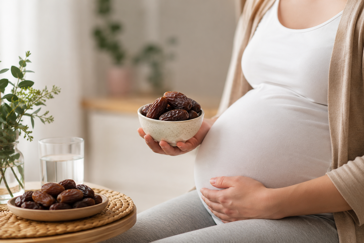 Dates during pregnancy for healthy maternal nutrition, featuring a pregnant woman holding a bowl of dates in a calm home setting.