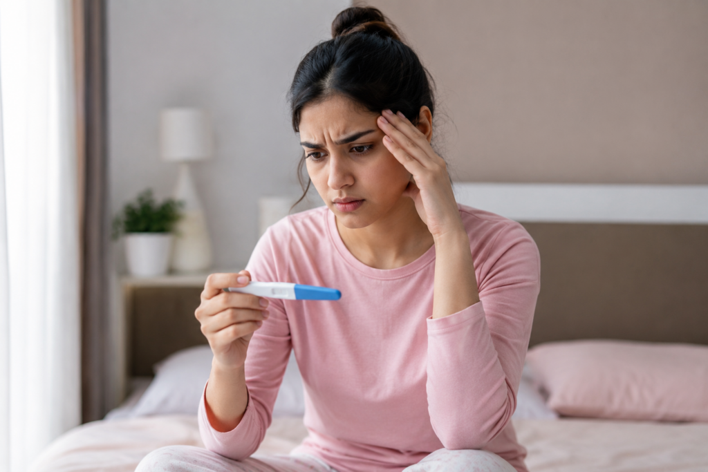 Woman feeling confused while holding a pregnancy test after a missed period with no pregnancy symptoms