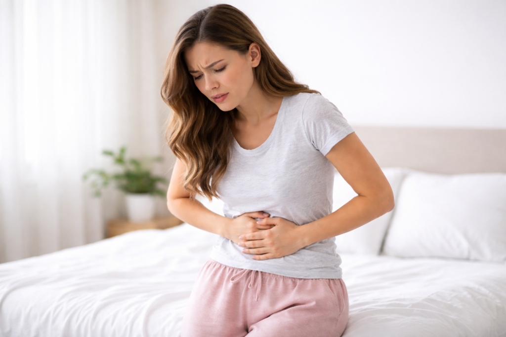 Woman experiencing weakness before period while holding her lower stomach in discomfort